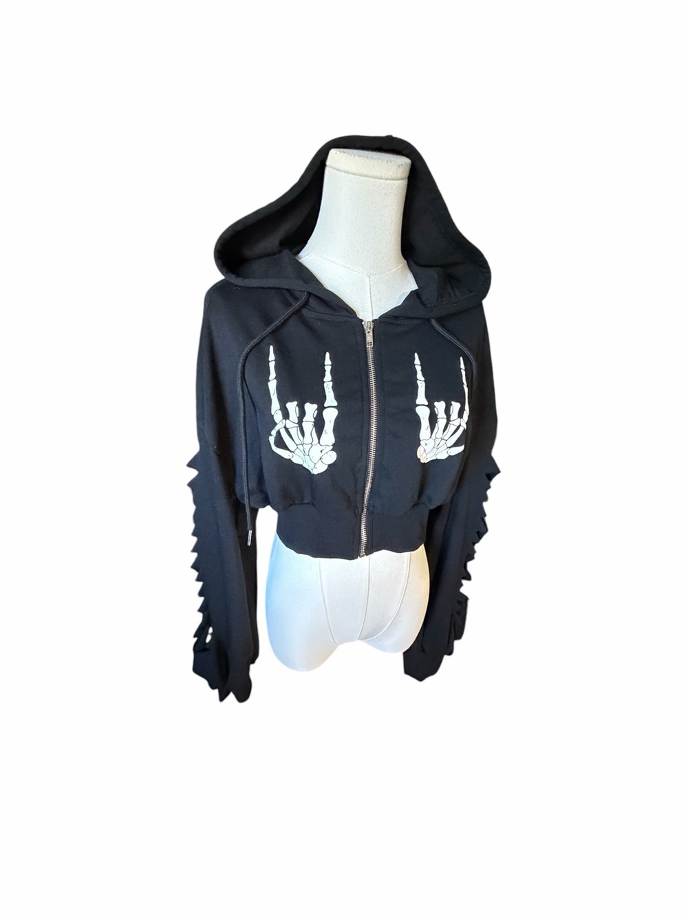 ROMWE PUNK Black Cropped Skeleton Hand Zip Hoodie Sz Lrg